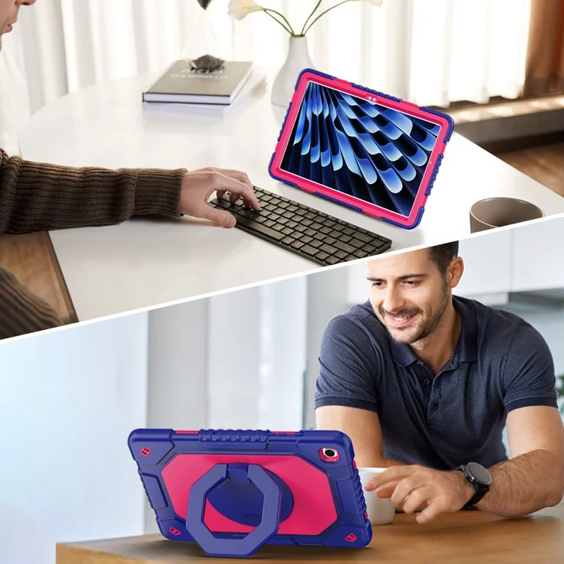 For Samsung Galaxy Tab A11+  /  A9+ Case Hand Grip Kickstand Shockproof Silicone + PC Tablet Cover with Detachable Strap  /  Pen Slot - Rose  /  Navy Blue