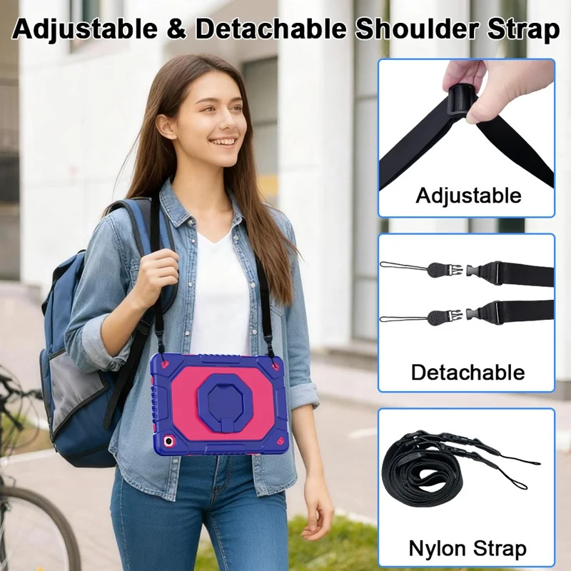 For Samsung Galaxy Tab A11+  /  A9+ Case Hand Grip Kickstand Shockproof Silicone + PC Tablet Cover with Detachable Strap  /  Pen Slot - Rose  /  Navy Blue