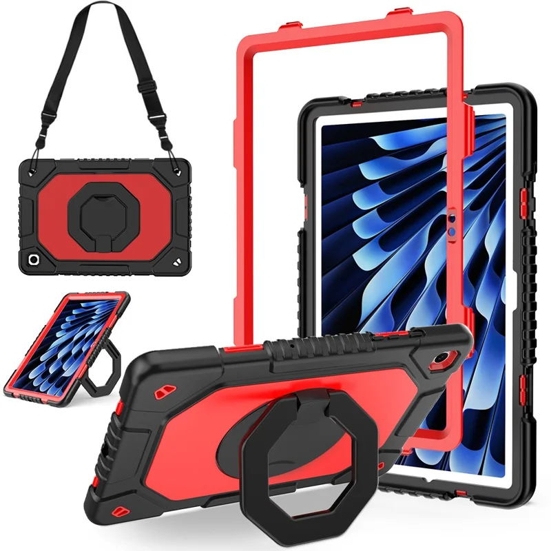 For Samsung Galaxy Tab A11+  /  A9+ Case Hand Grip Kickstand Shockproof Silicone + PC Tablet Cover with Detachable Strap  /  Pen Slot - Red  /  Black