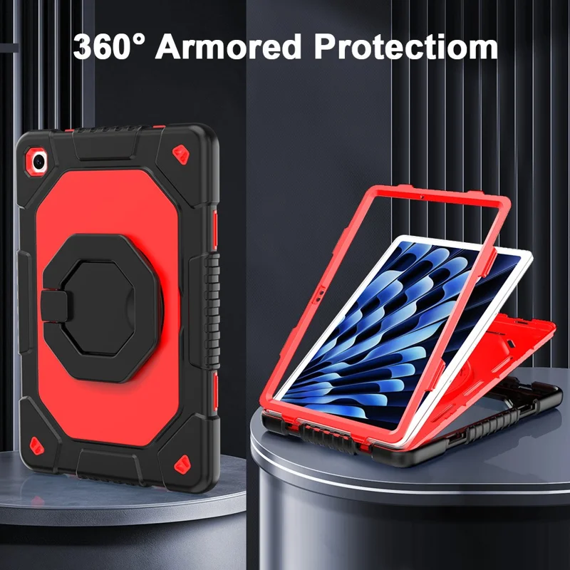 For Samsung Galaxy Tab A11+  /  A9+ Case Hand Grip Kickstand Shockproof Silicone + PC Tablet Cover with Detachable Strap  /  Pen Slot - Red  /  Black