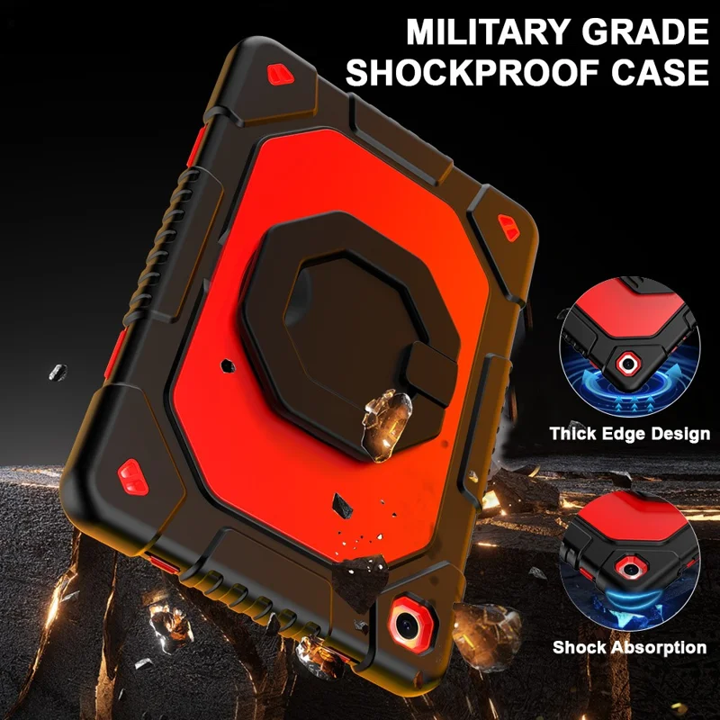 For Samsung Galaxy Tab A11+  /  A9+ Case Hand Grip Kickstand Shockproof Silicone + PC Tablet Cover with Detachable Strap  /  Pen Slot - Red  /  Black