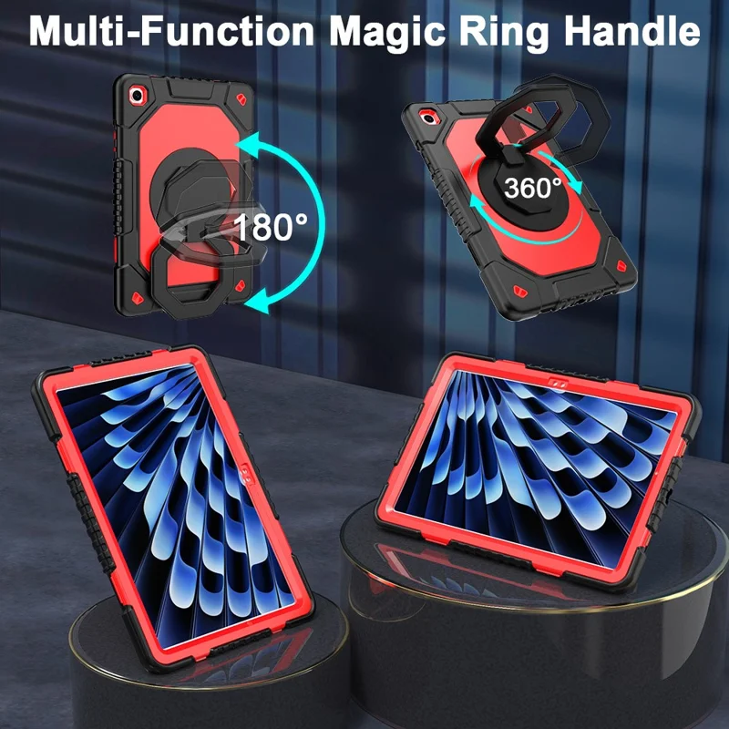 For Samsung Galaxy Tab A11+  /  A9+ Case Hand Grip Kickstand Shockproof Silicone + PC Tablet Cover with Detachable Strap  /  Pen Slot - Red  /  Black