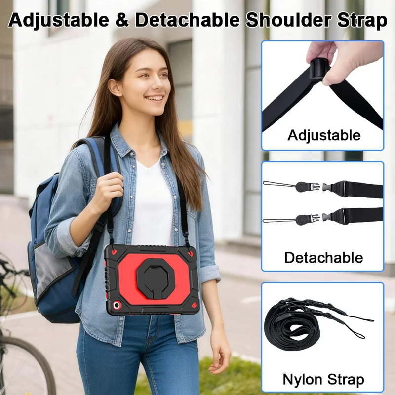 For Samsung Galaxy Tab A11+  /  A9+ Case Hand Grip Kickstand Shockproof Silicone + PC Tablet Cover with Detachable Strap  /  Pen Slot - Red  /  Black