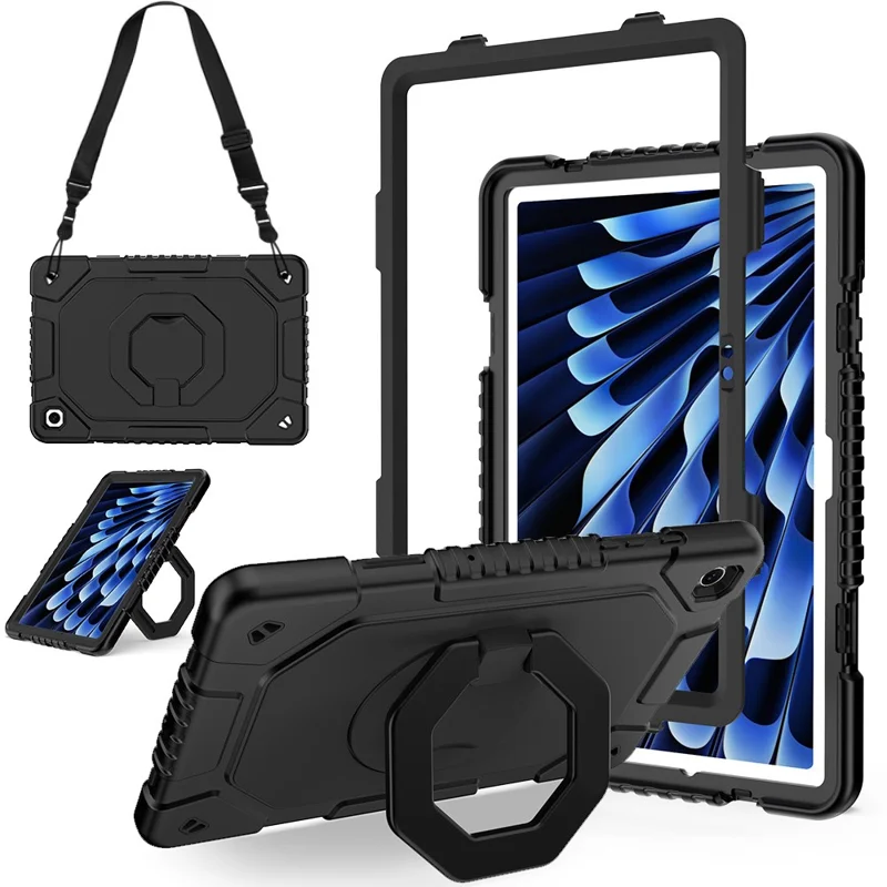 For Samsung Galaxy Tab A11+  /  A9+ Case Hand Grip Kickstand Shockproof Silicone + PC Tablet Cover with Detachable Strap  /  Pen Slot - Black