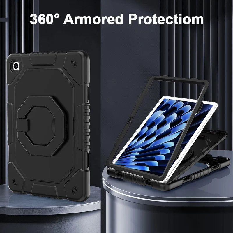 For Samsung Galaxy Tab A11+  /  A9+ Case Hand Grip Kickstand Shockproof Silicone + PC Tablet Cover with Detachable Strap  /  Pen Slot - Black