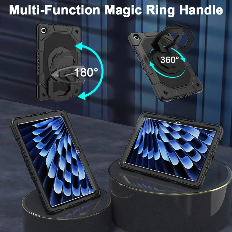 For Samsung Galaxy Tab A11+  /  A9+ Case Hand Grip Kickstand Shockproof Silicone + PC Tablet Cover with Detachable Strap  /  Pen Slot - Black