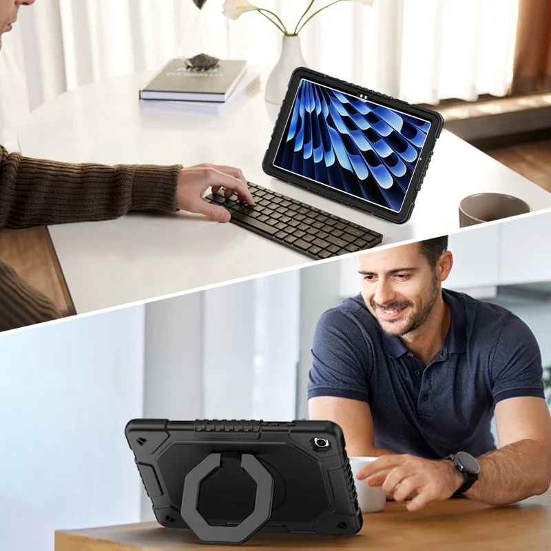 For Samsung Galaxy Tab A11+  /  A9+ Case Hand Grip Kickstand Shockproof Silicone + PC Tablet Cover with Detachable Strap  /  Pen Slot - Black