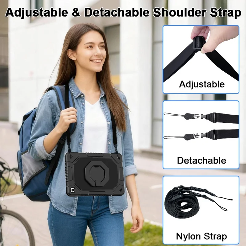 For Samsung Galaxy Tab A11+  /  A9+ Case Hand Grip Kickstand Shockproof Silicone + PC Tablet Cover with Detachable Strap  /  Pen Slot - Black