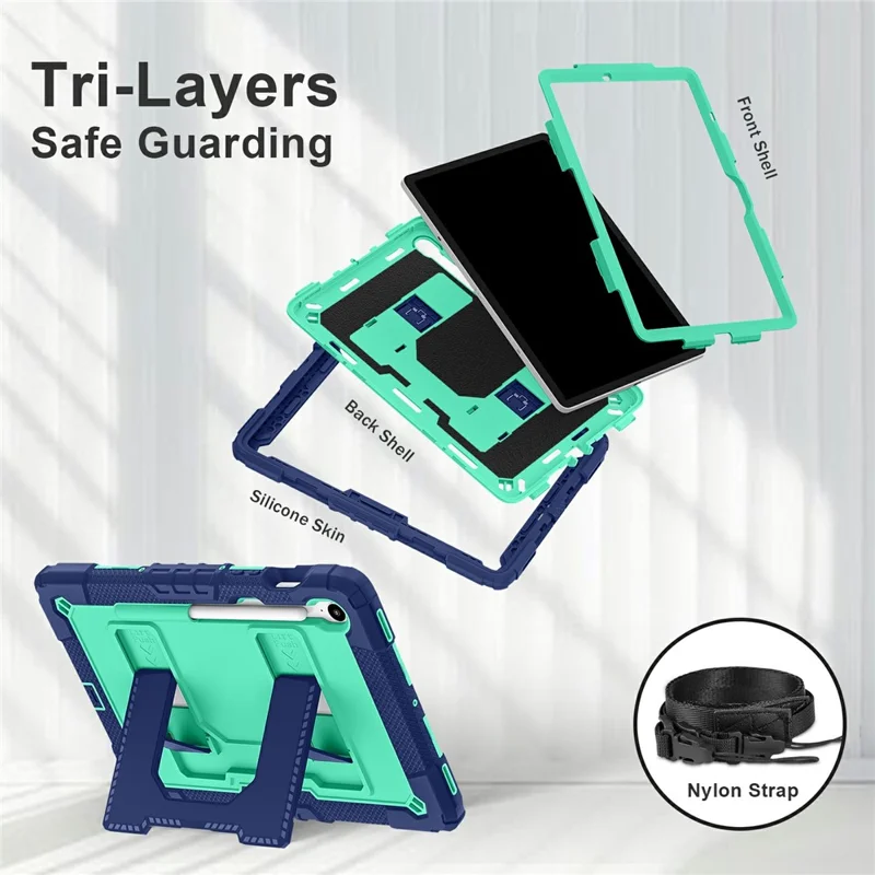Tablet Case For Samsung Galaxy Tab S10 Lite  /  S10 FE  /  S9 FE Anti Drop PC + Silicone Cover with Kickstand Strap Pen Slot - Navy Blue  /  Mint Green