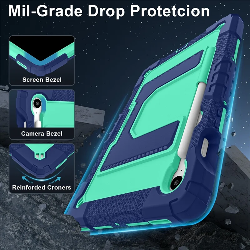 Tablet Case For Samsung Galaxy Tab S10 Lite  /  S10 FE  /  S9 FE Anti Drop PC + Silicone Cover with Kickstand Strap Pen Slot - Navy Blue  /  Mint Green