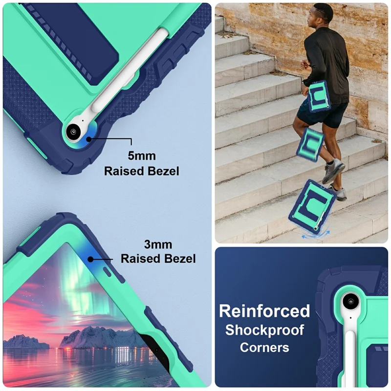 Tablet Case For Samsung Galaxy Tab S10 Lite  /  S10 FE  /  S9 FE Anti Drop PC + Silicone Cover with Kickstand Strap Pen Slot - Navy Blue  /  Mint Green
