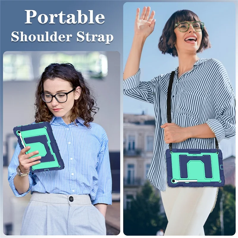 Tablet Case For Samsung Galaxy Tab S10 Lite  /  S10 FE  /  S9 FE Anti Drop PC + Silicone Cover with Kickstand Strap Pen Slot - Navy Blue  /  Mint Green