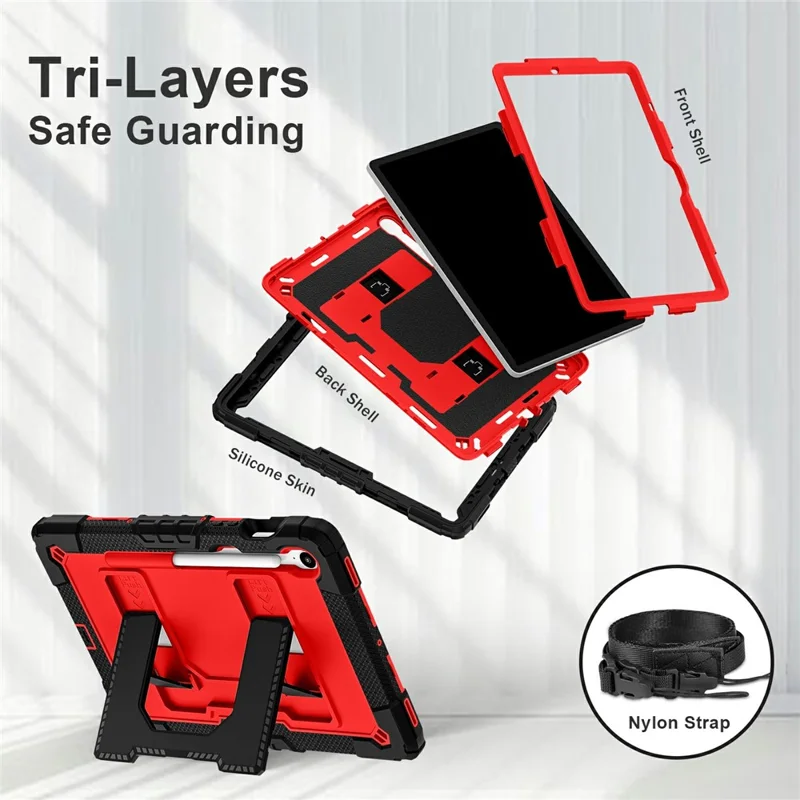 Tablet Case For Samsung Galaxy Tab S10 Lite  /  S10 FE  /  S9 FE Anti Drop PC + Silicone Cover with Kickstand Strap Pen Slot - Black  /  Red