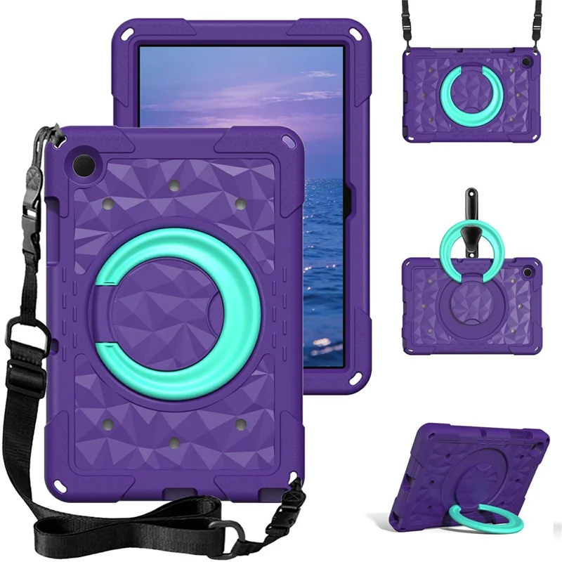 For Samsung Galaxy Tab A11  /  A9 Case Hand Grip Kickstand Geometric Pattern PC + EVA Tablet Cover with Shoulder Strap - Purple  /  Mint Green