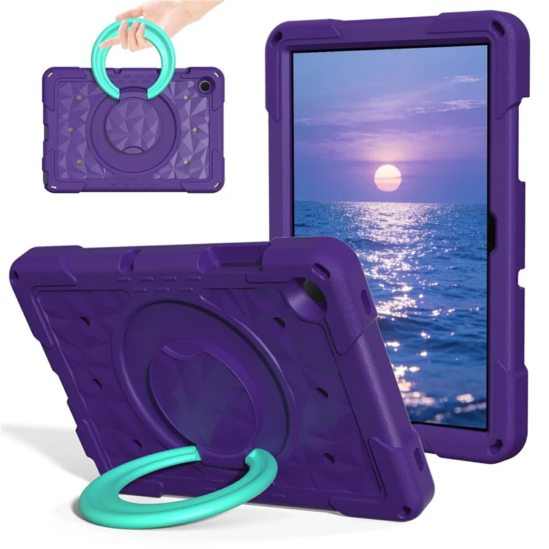 For Samsung Galaxy Tab A11  /  A9 Case Hand Grip Kickstand Geometric Pattern PC + EVA Tablet Cover with Shoulder Strap - Purple  /  Mint Green