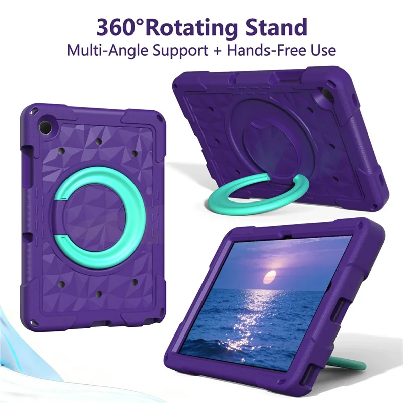 For Samsung Galaxy Tab A11  /  A9 Case Hand Grip Kickstand Geometric Pattern PC + EVA Tablet Cover with Shoulder Strap - Purple  /  Mint Green