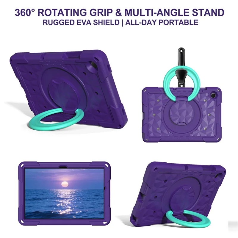 For Samsung Galaxy Tab A11  /  A9 Case Hand Grip Kickstand Geometric Pattern PC + EVA Tablet Cover with Shoulder Strap - Purple  /  Mint Green