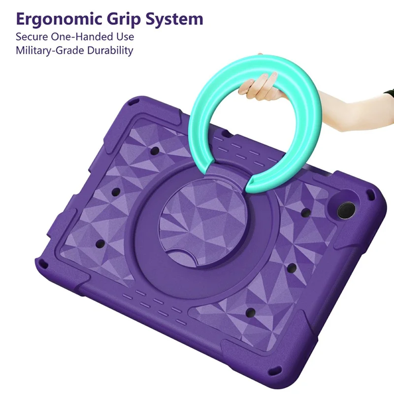 For Samsung Galaxy Tab A11  /  A9 Case Hand Grip Kickstand Geometric Pattern PC + EVA Tablet Cover with Shoulder Strap - Purple  /  Mint Green