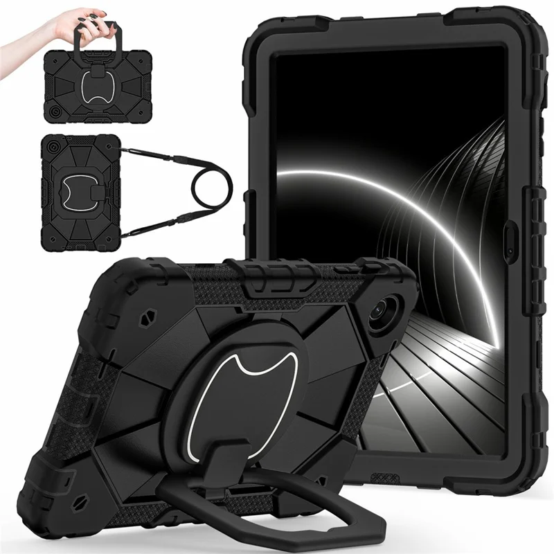 For T-Mobile REVVL Tab 2 (2025) Case Silicone + PC Hand Grip Kickstand Tablet Cover with Shoulder Strap - Black  /  Black