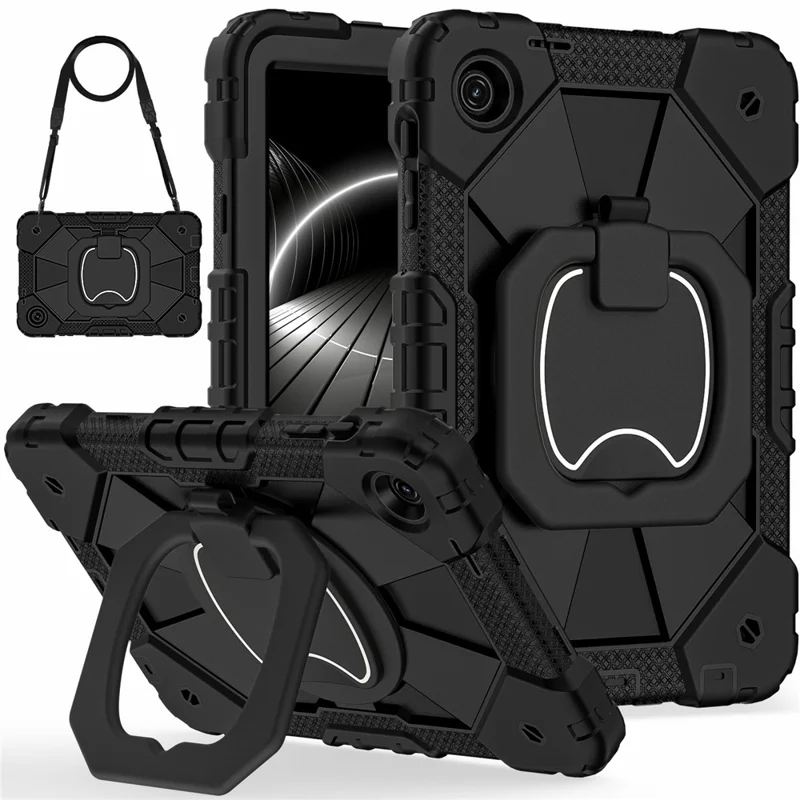 For T-Mobile REVVL Tab 2 (2025) Case Silicone + PC Hand Grip Kickstand Tablet Cover with Shoulder Strap - Black  /  Black