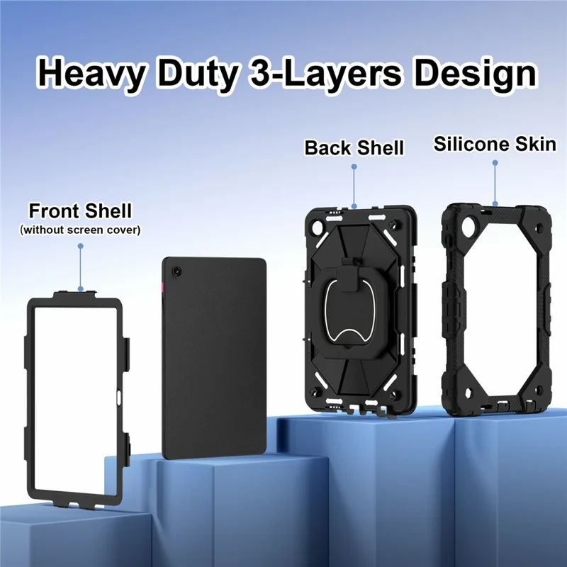 For T-Mobile REVVL Tab 2 (2025) Case Silicone + PC Hand Grip Kickstand Tablet Cover with Shoulder Strap - Black  /  Black