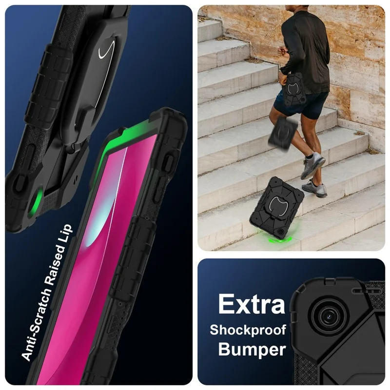 For T-Mobile REVVL Tab 2 (2025) Case Silicone + PC Hand Grip Kickstand Tablet Cover with Shoulder Strap - Black  /  Black