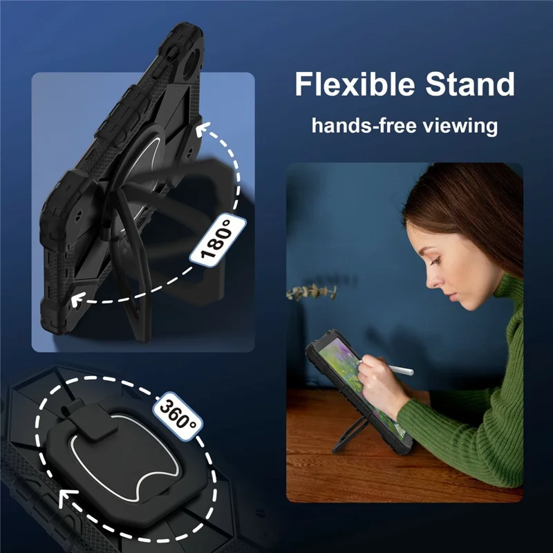 For T-Mobile REVVL Tab 2 (2025) Case Silicone + PC Hand Grip Kickstand Tablet Cover with Shoulder Strap - Black  /  Black