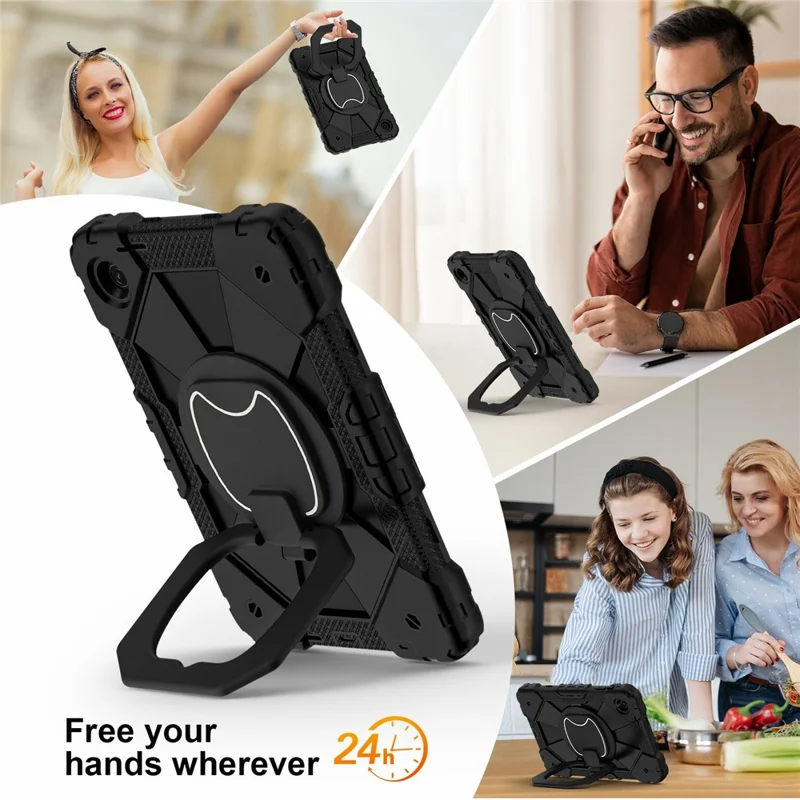 For T-Mobile REVVL Tab 2 (2025) Case Silicone + PC Hand Grip Kickstand Tablet Cover with Shoulder Strap - Black  /  Black