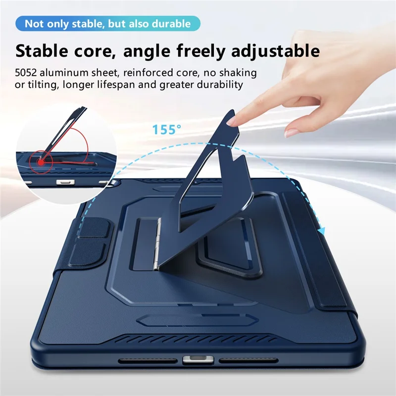 Чехол для планшета iPad 10.2 (2021) / (2020) / (2019) с подставкой из алюминиевого сплава, трехпозиционной подставкой, съемной кожаной крышкой из искусственной кожи, защитой из ТПУ и поликарбоната — темно-синий