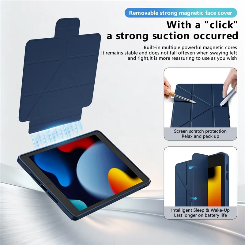 Чехол для планшета iPad 10.2 (2021) / (2020) / (2019) с подставкой из алюминиевого сплава, трехпозиционной подставкой, съемной кожаной крышкой из искусственной кожи, защитой из ТПУ и поликарбоната — темно-синий