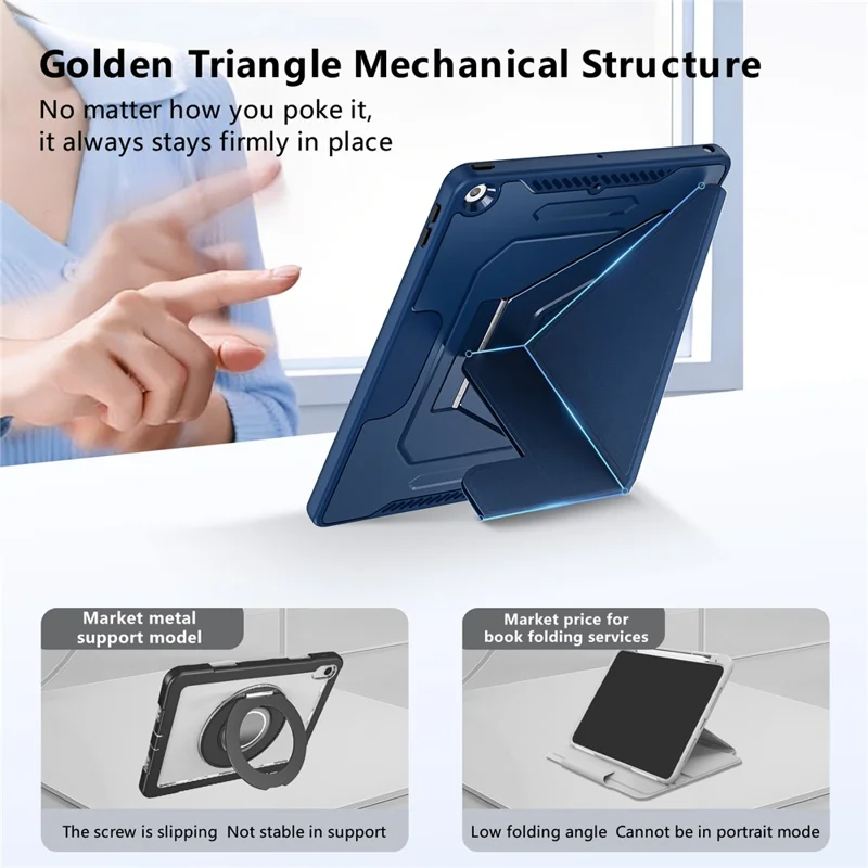 Чехол для планшета iPad 10.2 (2021) / (2020) / (2019) с подставкой из алюминиевого сплава, трехпозиционной подставкой, съемной кожаной крышкой из искусственной кожи, защитой из ТПУ и поликарбоната — темно-синий
