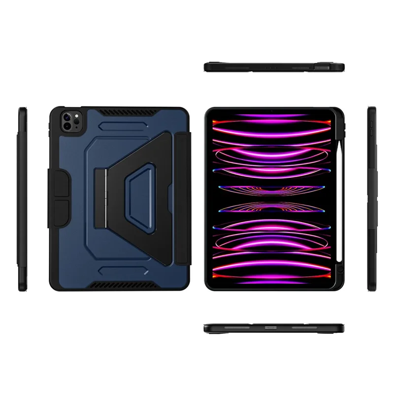 Чехол для планшета iPad Air 11 (2025) / (2024) / Pro 11 (2022) / (2021) / (2020) / (2018) с подставкой из алюминиевого сплава, трехпозиционной подставкой, съемной кожаной крышкой из искусственной кожи, ТПУ, поликарбонат - Черный / Синий