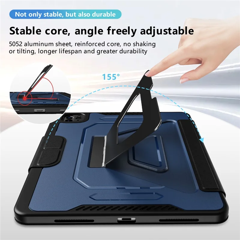 Чехол для планшета iPad Air 11 (2025) / (2024) / Pro 11 (2022) / (2021) / (2020) / (2018) с подставкой из алюминиевого сплава, трехпозиционной подставкой, съемной кожаной крышкой из искусственной кожи, ТПУ, поликарбонат - Черный / Синий