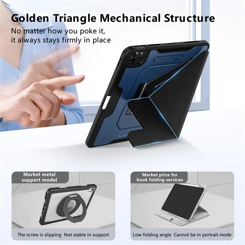 Чехол для планшета iPad Air 11 (2025) / (2024) / Pro 11 (2022) / (2021) / (2020) / (2018) с подставкой из алюминиевого сплава, трехпозиционной подставкой, съемной кожаной крышкой из искусственной кожи, ТПУ, поликарбонат - Черный / Синий