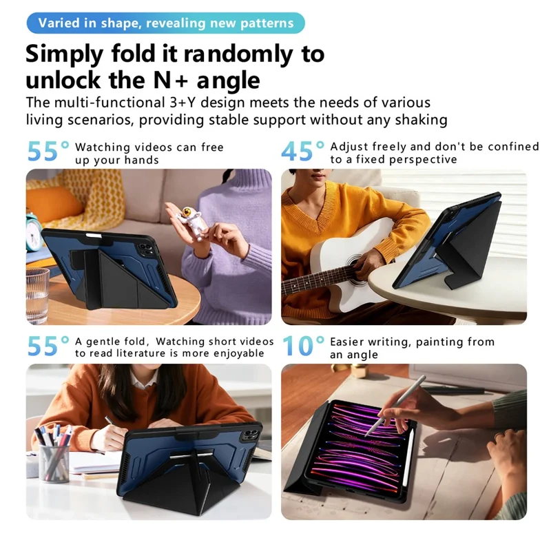 Чехол для планшета iPad Air 11 (2025) / (2024) / Pro 11 (2022) / (2021) / (2020) / (2018) с подставкой из алюминиевого сплава, трехпозиционной подставкой, съемной кожаной крышкой из искусственной кожи, ТПУ, поликарбонат - Черный / Синий