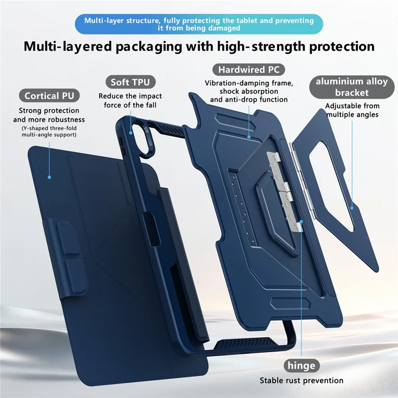 Étui pour iPad (2025) / 10,9 (2022) avec pied en alliage d'aluminium, support triangulaire, housse en cuir PU amovible, protection TPU et PC - Bleu marine