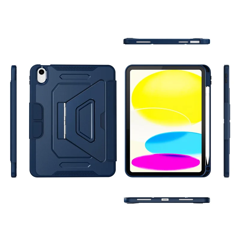 Étui pour iPad (2025) / 10,9 (2022) avec pied en alliage d'aluminium, support triangulaire, housse en cuir PU amovible, protection TPU et PC - Bleu marine