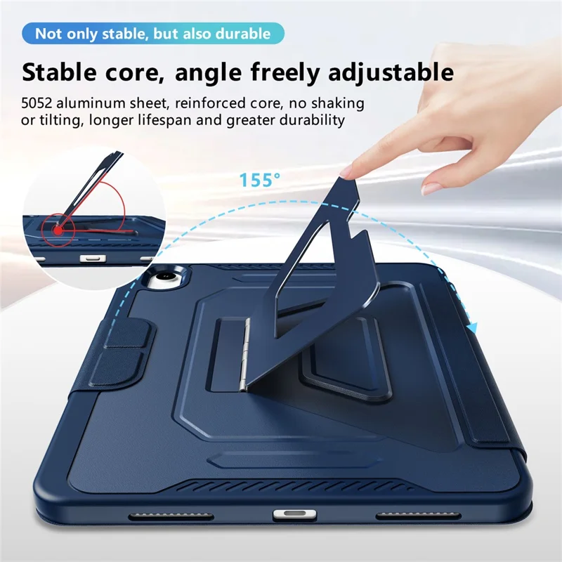 Étui pour iPad (2025) / 10,9 (2022) avec pied en alliage d'aluminium, support triangulaire, housse en cuir PU amovible, protection TPU et PC - Bleu marine