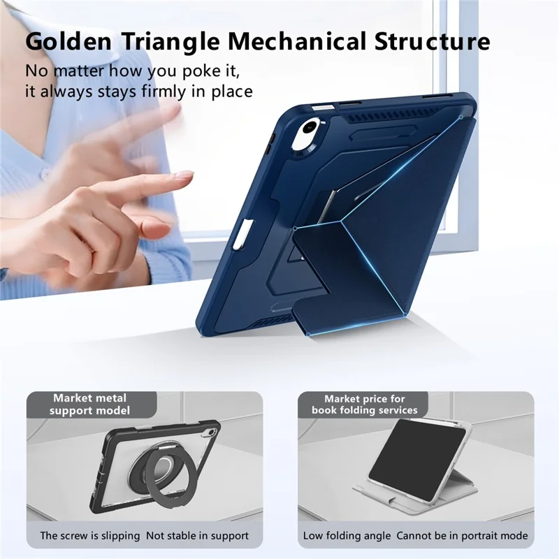 Étui pour iPad (2025) / 10,9 (2022) avec pied en alliage d'aluminium, support triangulaire, housse en cuir PU amovible, protection TPU et PC - Bleu marine