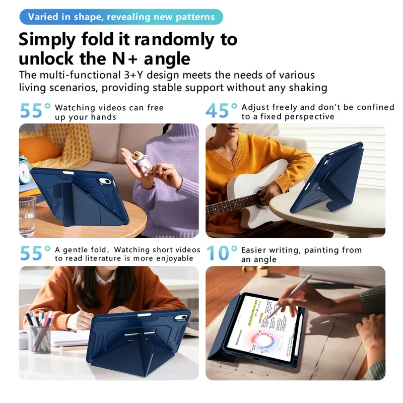 Étui pour iPad (2025) / 10,9 (2022) avec pied en alliage d'aluminium, support triangulaire, housse en cuir PU amovible, protection TPU et PC - Bleu marine