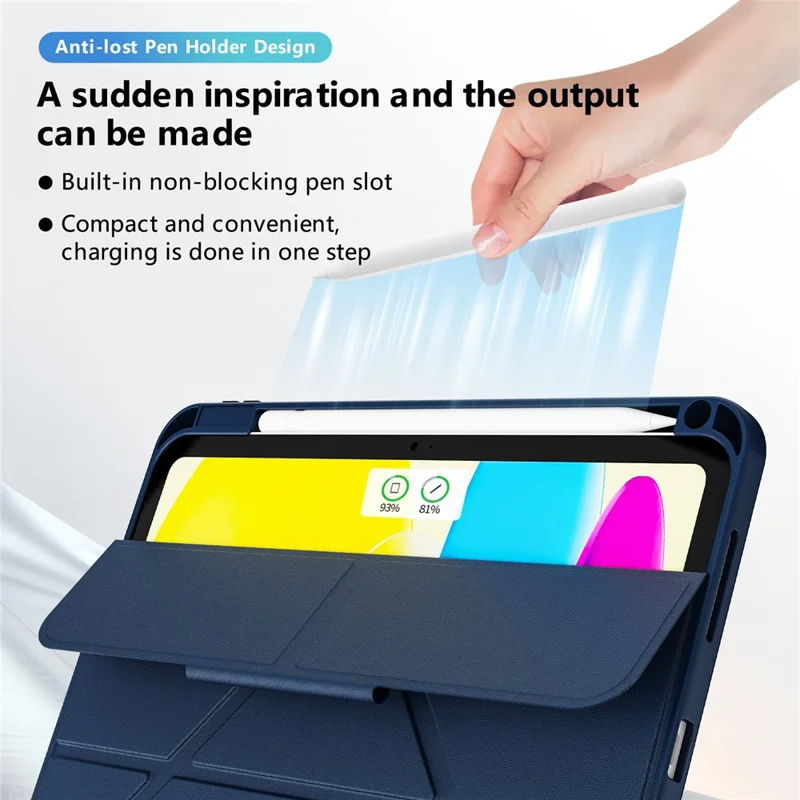 Étui pour iPad (2025) / 10,9 (2022) avec pied en alliage d'aluminium, support triangulaire, housse en cuir PU amovible, protection TPU et PC - Bleu marine