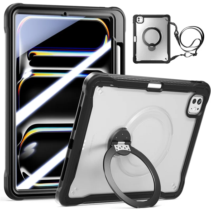 Kickstand Case with Shoulder Strap / Screen Film for iPad Pro 11 (2025) / (2024) Drop Protection TPU + PC Tablet Cover - Black