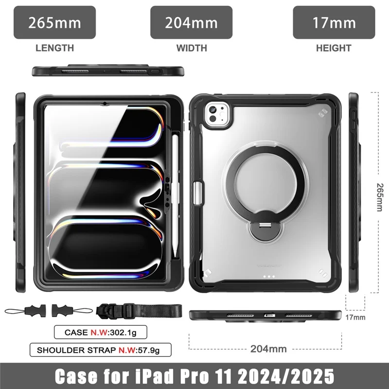 Kickstand Case with Shoulder Strap / Screen Film for iPad Pro 11 (2025) / (2024) Drop Protection TPU + PC Tablet Cover - Black