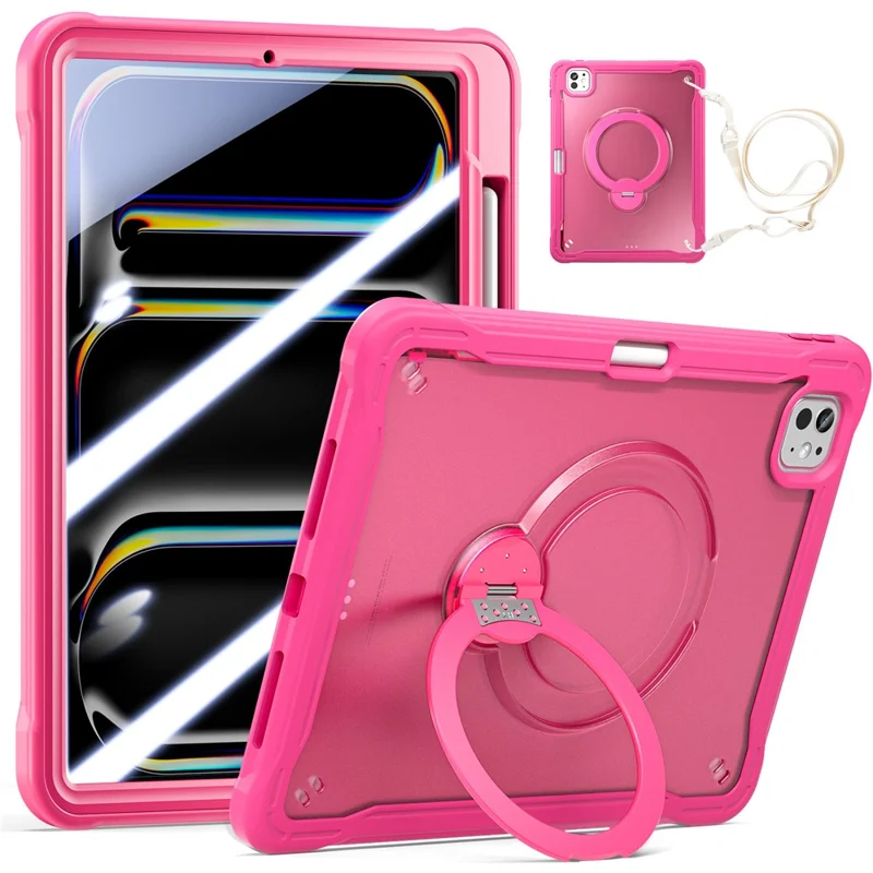 Kickstand Case with Shoulder Strap / Screen Film for iPad Pro 11 (2025) / (2024) Drop Protection TPU + PC Tablet Cover - Rose