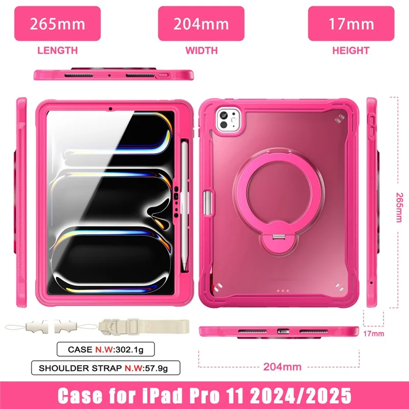 Kickstand Case with Shoulder Strap / Screen Film for iPad Pro 11 (2025) / (2024) Drop Protection TPU + PC Tablet Cover - Rose