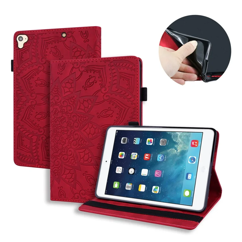 Tablet Case For iPad 10.2 (2021)  /  10.2 (2020)  /  10.2 (2019)   /  9.7-inch (2018)  /  9.7-inch (2017) Imprinting Calf Leather Flower Pattern Stand Cover Shell with Pen Holder Strap - Red