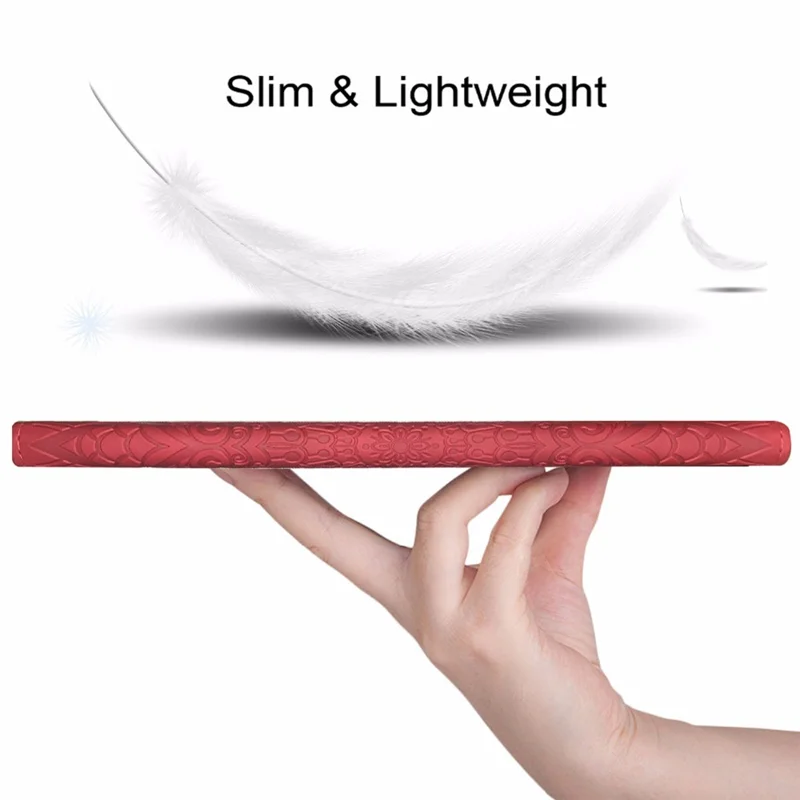 Tablet Case For iPad 10.2 (2021)  /  10.2 (2020)  /  10.2 (2019)   /  9.7-inch (2018)  /  9.7-inch (2017) Imprinting Calf Leather Flower Pattern Stand Cover Shell with Pen Holder Strap - Red