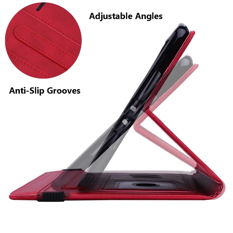 Tablet Case For iPad 10.2 (2021)  /  10.2 (2020)  /  10.2 (2019)   /  9.7-inch (2018)  /  9.7-inch (2017) Imprinting Calf Leather Flower Pattern Stand Cover Shell with Pen Holder Strap - Red