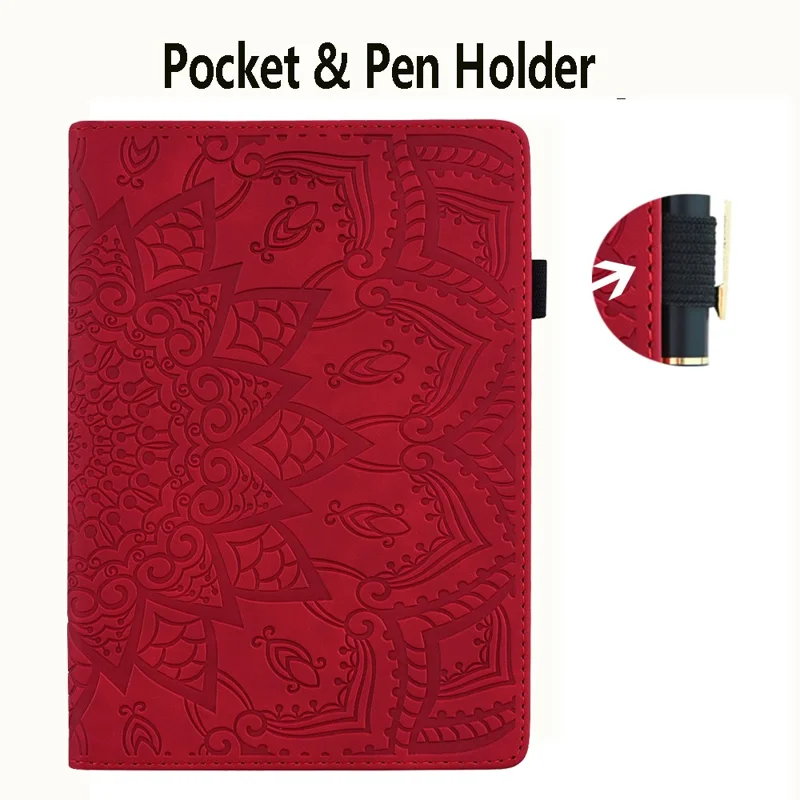 Tablet Case For iPad 10.2 (2021)  /  10.2 (2020)  /  10.2 (2019)   /  9.7-inch (2018)  /  9.7-inch (2017) Imprinting Calf Leather Flower Pattern Stand Cover Shell with Pen Holder Strap - Red