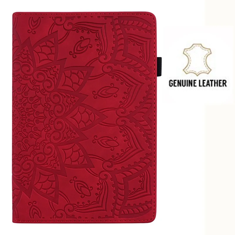 Tablet Case For iPad 10.2 (2021)  /  10.2 (2020)  /  10.2 (2019)   /  9.7-inch (2018)  /  9.7-inch (2017) Imprinting Calf Leather Flower Pattern Stand Cover Shell with Pen Holder Strap - Red